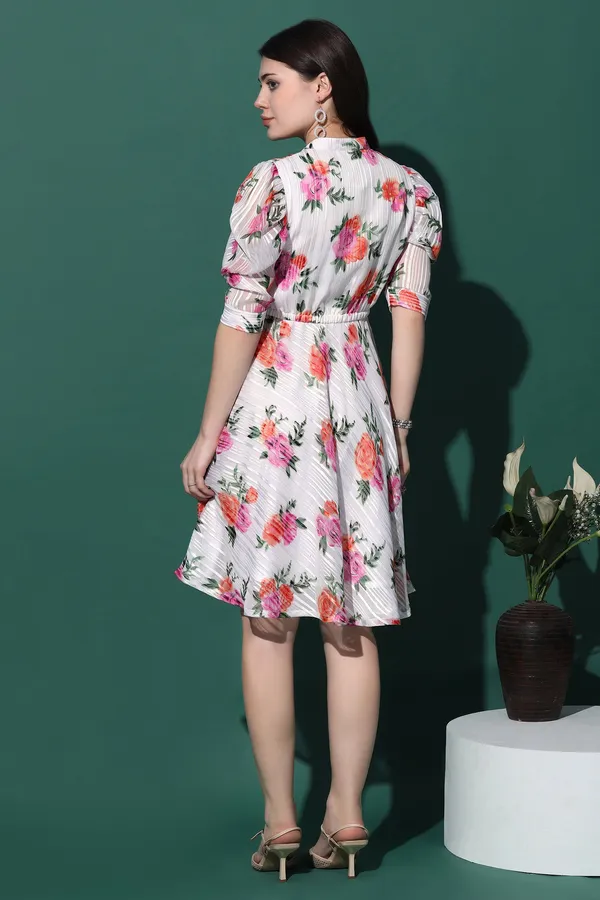 White_Georgette_Floral_Print_Fit_And_Flare_Knee_Length_Dress_For_Women
