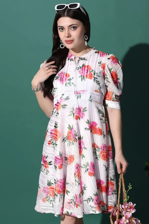 White_Georgette_Floral_Print_Fit_And_Flare_Knee_Length_Dress_For_Women