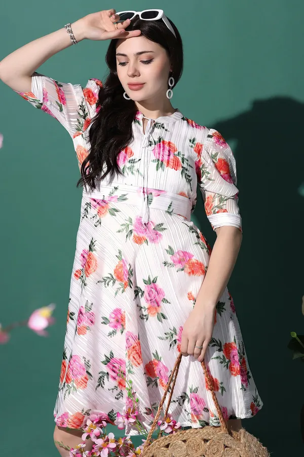 White_Georgette_Floral_Print_Fit_And_Flare_Knee_Length_Dress_For_Women