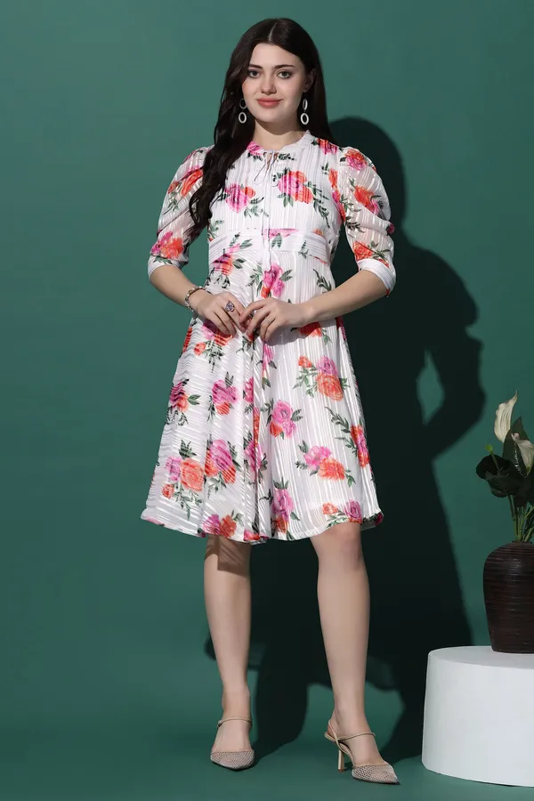 White_Georgette_Floral_Print_Fit_And_Flare_Knee_Length_Dress_For_Women