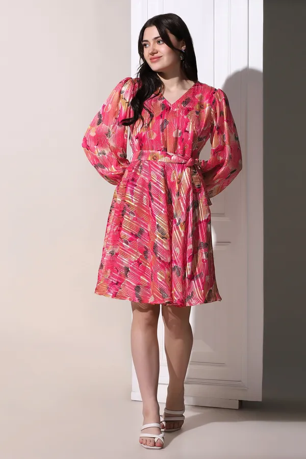 Pink_Georgette_All-Over_Print_Above_Knee_Length_Dress_For_Women