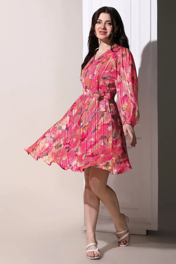 Pink_Georgette_All-Over_Print_Above_Knee_Length_Dress_For_Women