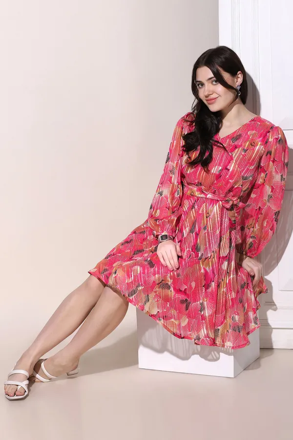 Pink_Georgette_All-Over_Print_Above_Knee_Length_Dress_For_Women