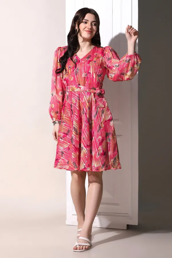 Pink_Georgette_All-Over_Print_Above_Knee_Length_Dress_For_Women