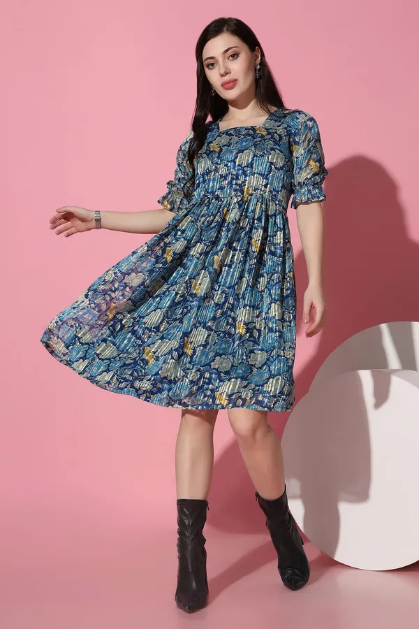 Blue_Georgette_Floral_Print_Knee_Length_Dress_For_Women
