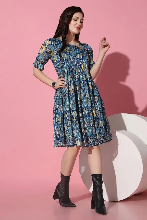 Blue_Georgette_Floral_Print_Knee_Length_Dress_For_Women