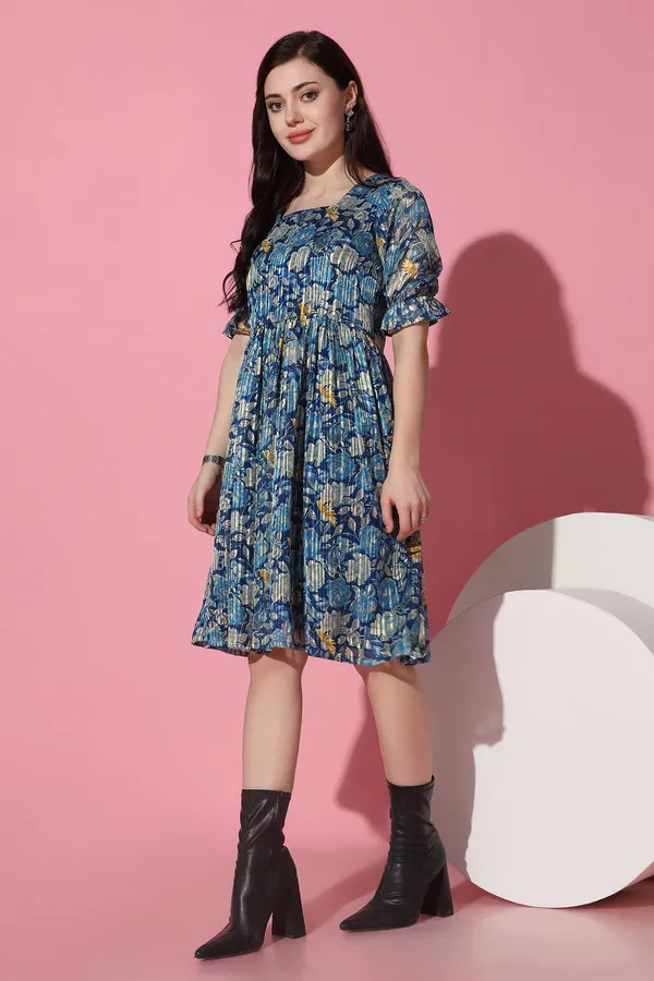 Blue_Georgette_Floral_Print_Knee_Length_Dress_For_Women