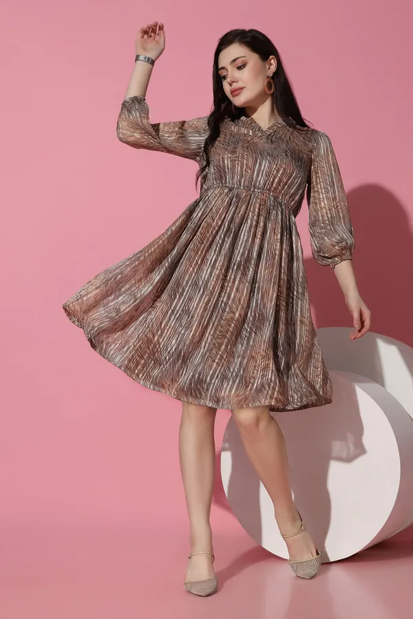Brown_Georgette_All-Over_Print_Above_Knee_Length_Dress_For_Women