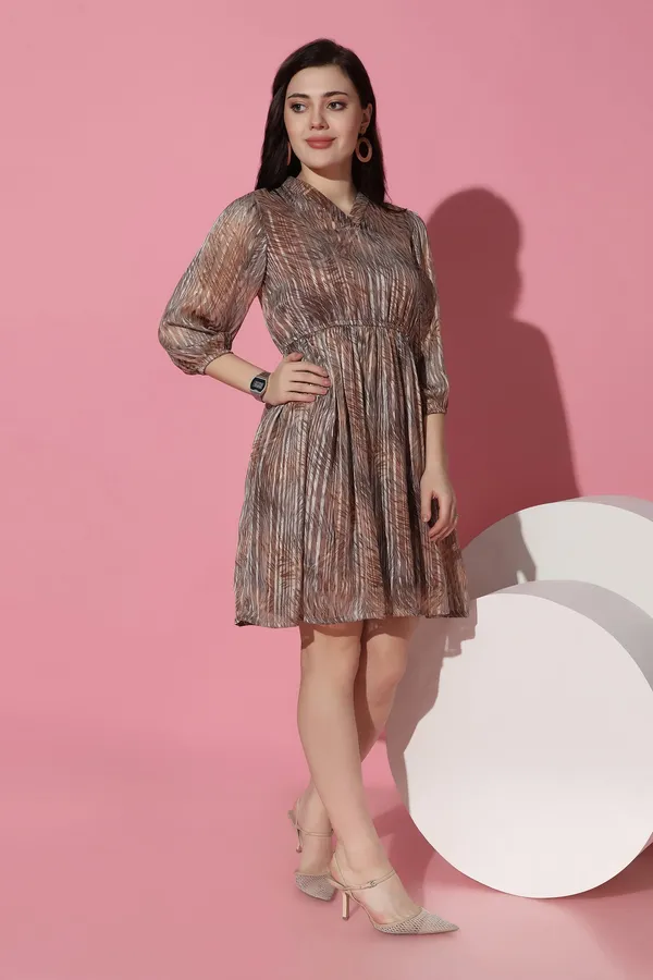 Brown_Georgette_All-Over_Print_Above_Knee_Length_Dress_For_Women