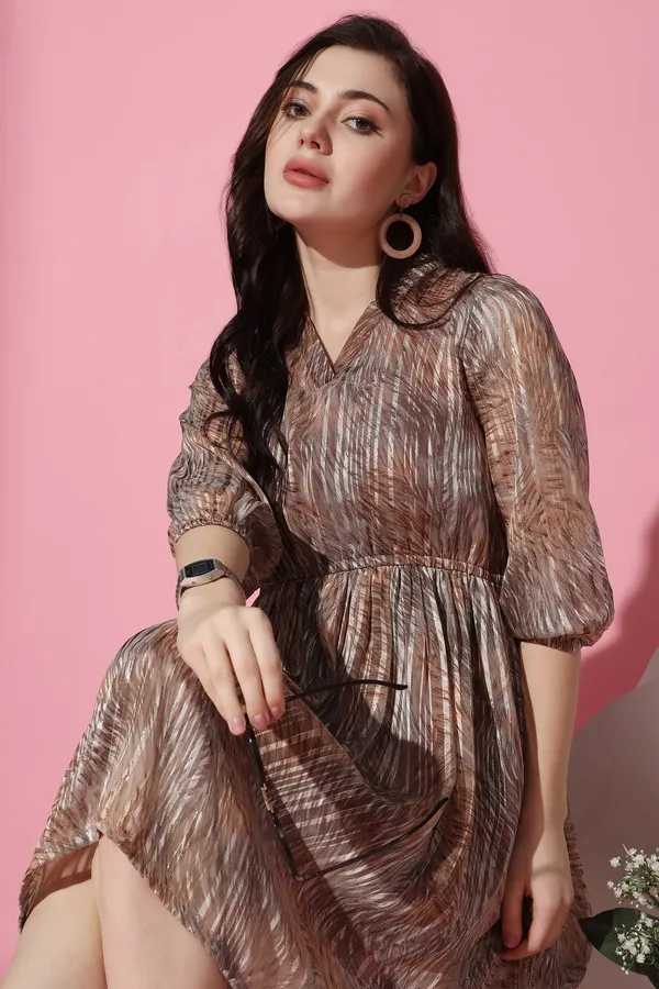 Brown_Georgette_All-Over_Print_Above_Knee_Length_Dress_For_Women