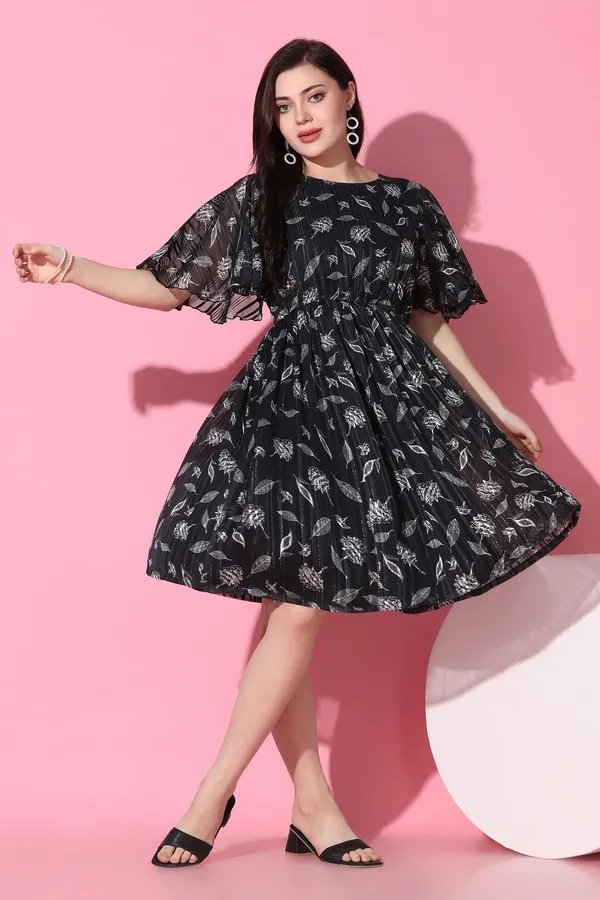 Black_Georgette_All-Over_Print_Above_Knee_Length_Dress_For_Women