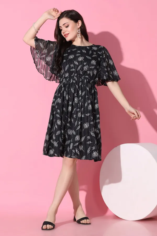 Black_Georgette_All-Over_Print_Above_Knee_Length_Dress_For_Women