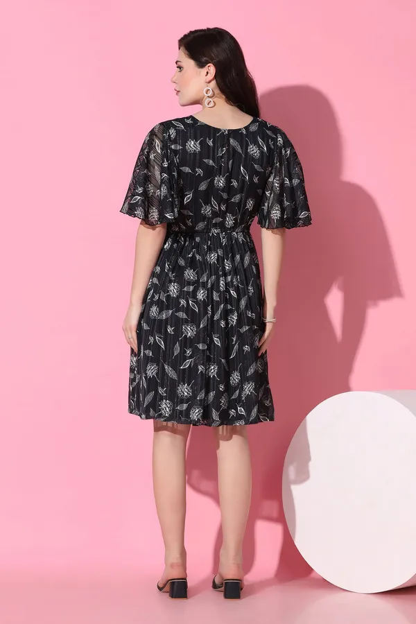 Black_Georgette_All-Over_Print_Above_Knee_Length_Dress_For_Women