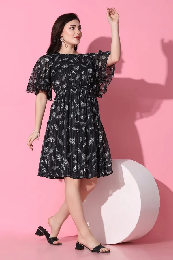 Black_Georgette_All-Over_Print_Above_Knee_Length_Dress_For_Women