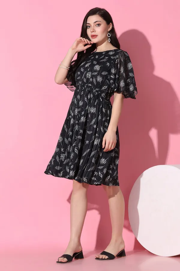 Black_Georgette_All-Over_Print_Above_Knee_Length_Dress_For_Women