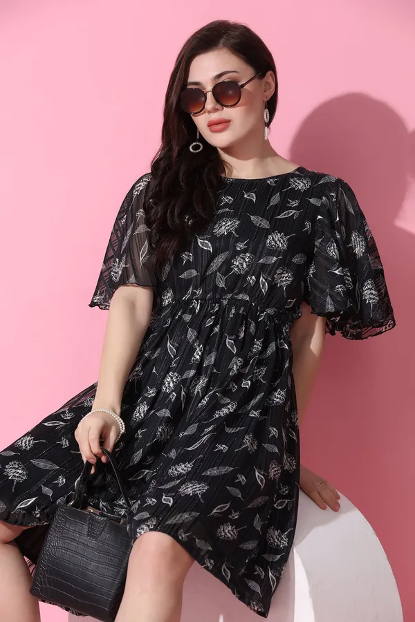 Black_Georgette_All-Over_Print_Above_Knee_Length_Dress_For_Women