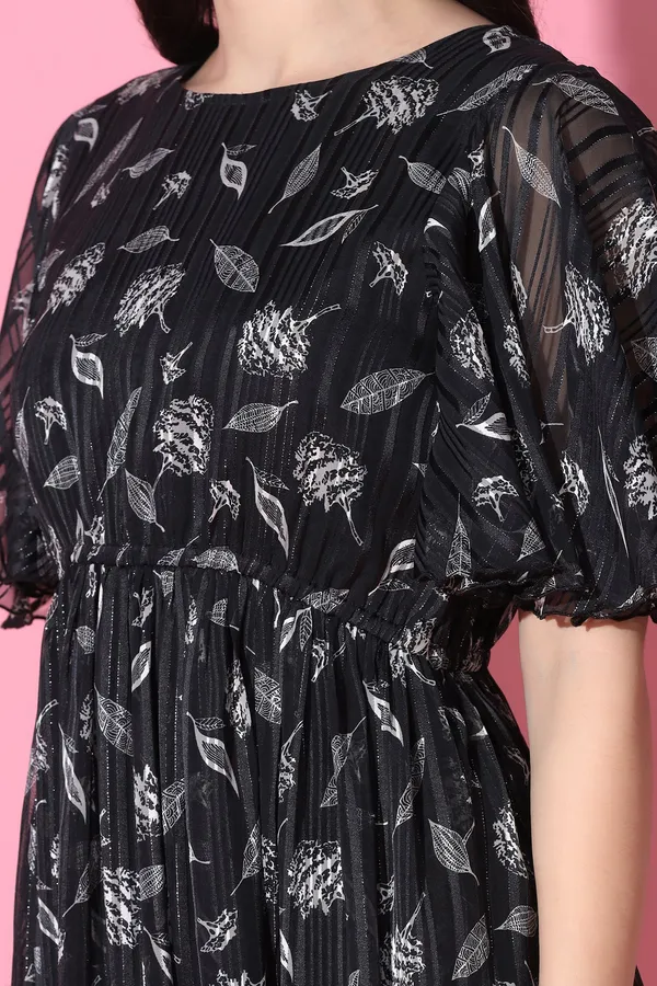 Black_Georgette_All-Over_Print_Above_Knee_Length_Dress_For_Women