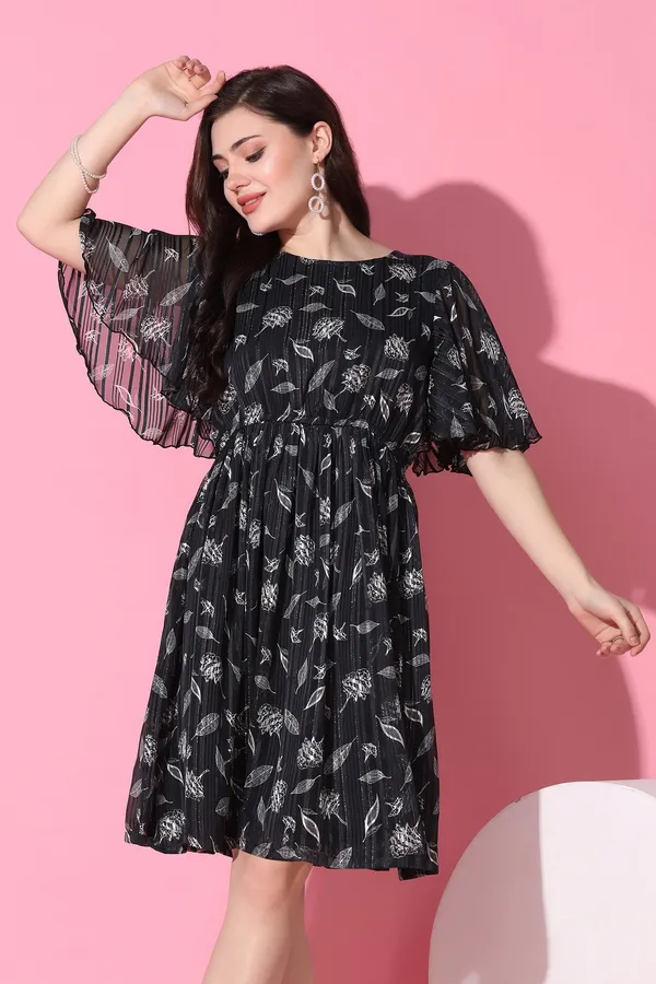 Black_Georgette_All-Over_Print_Above_Knee_Length_Dress_For_Women