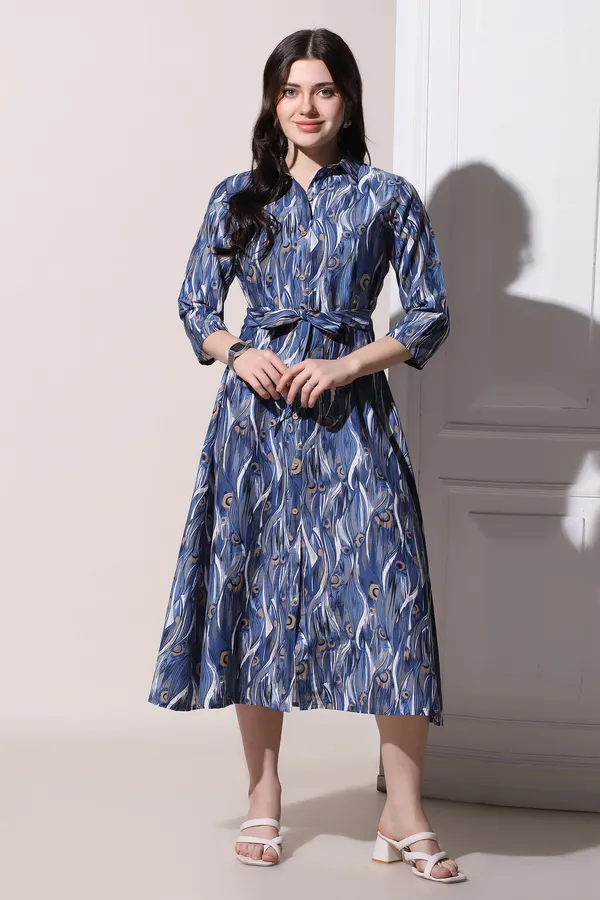 Blue_Muslin_All-Over_Print_Calf_Length_Dress_For_Women
