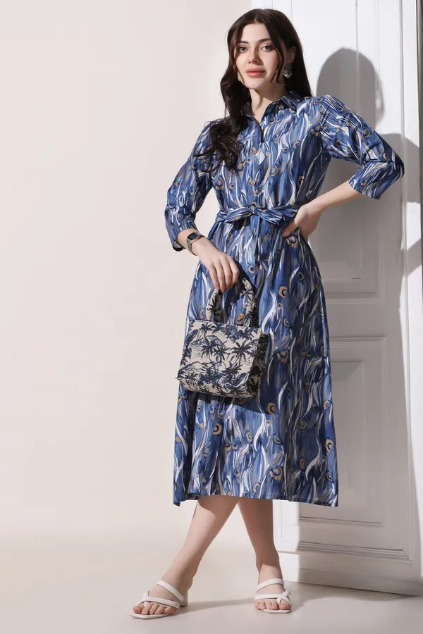 Blue_Muslin_All-Over_Print_Calf_Length_Dress_For_Women