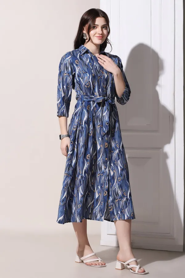Blue_Muslin_All-Over_Print_Calf_Length_Dress_For_Women