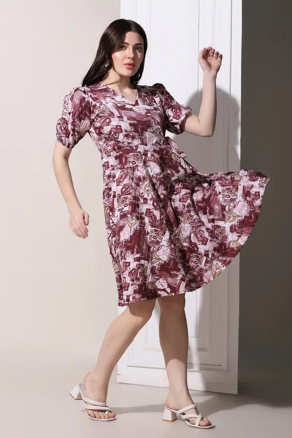 Wine_Cotton_Blend_All-Over_Print_Above_Knee_Length_Dress_For_Women