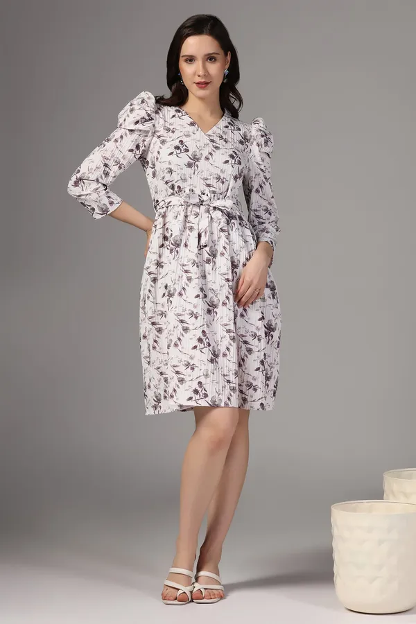 White_Sugarcane_Floral_Print_Above_Knee_Length_Dress_For_Women