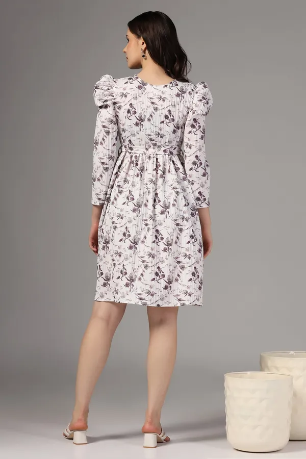 White_Sugarcane_Floral_Print_Above_Knee_Length_Dress_For_Women