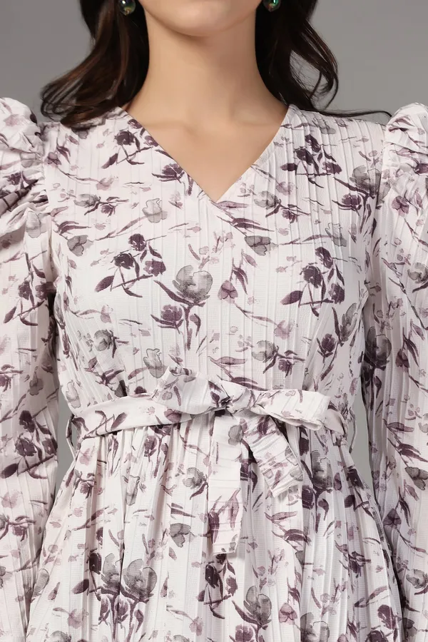 White_Sugarcane_Floral_Print_Above_Knee_Length_Dress_For_Women
