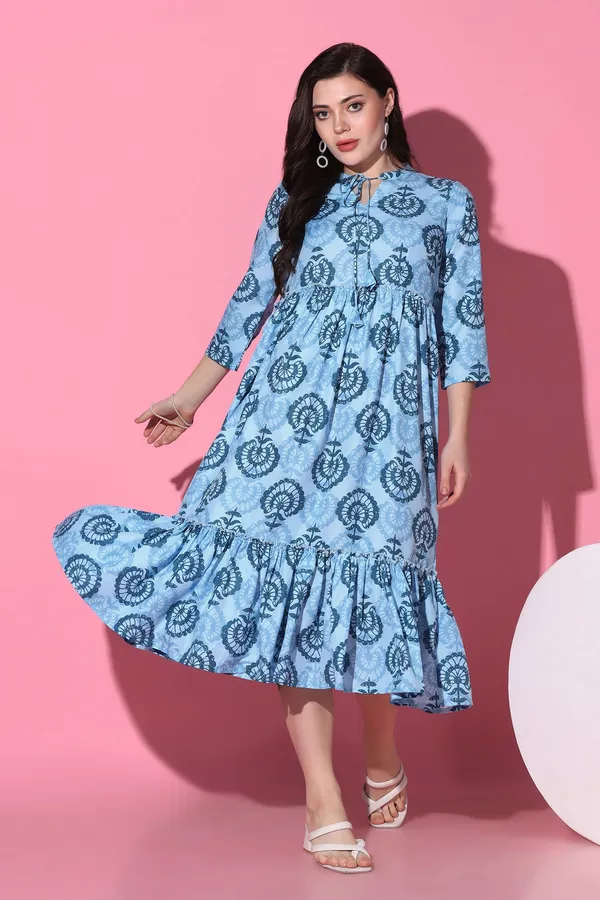 Blue_Slub_All-Over_Print_Calf_Length_Dress_For_Women