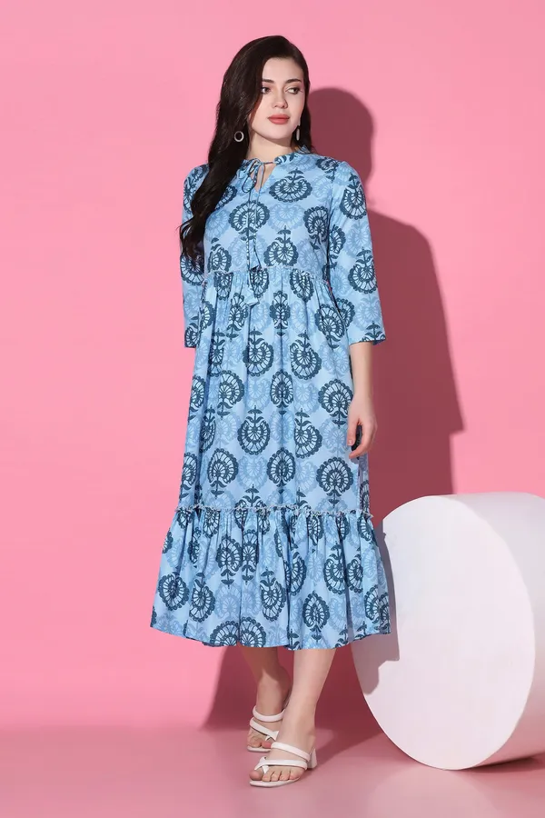 Blue_Slub_All-Over_Print_Calf_Length_Dress_For_Women