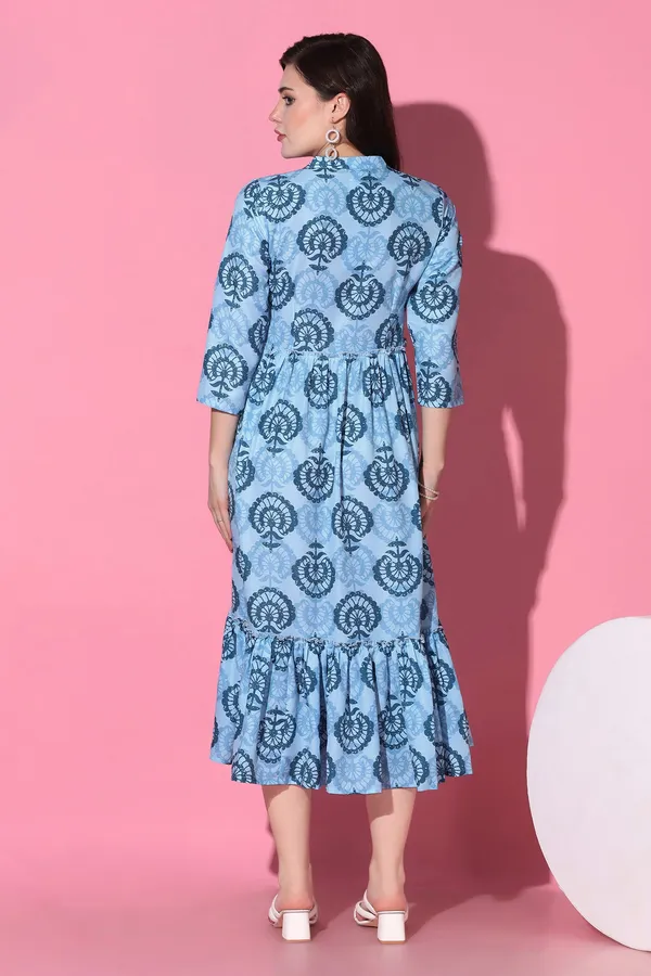 Blue_Slub_All-Over_Print_Calf_Length_Dress_For_Women