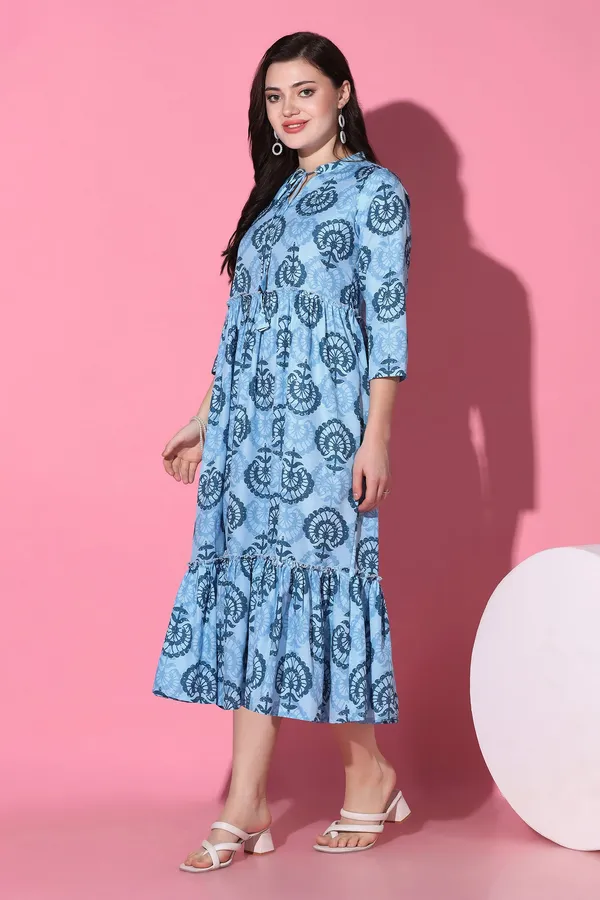 Blue_Slub_All-Over_Print_Calf_Length_Dress_For_Women