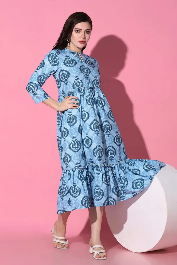 Blue_Slub_All-Over_Print_Calf_Length_Dress_For_Women