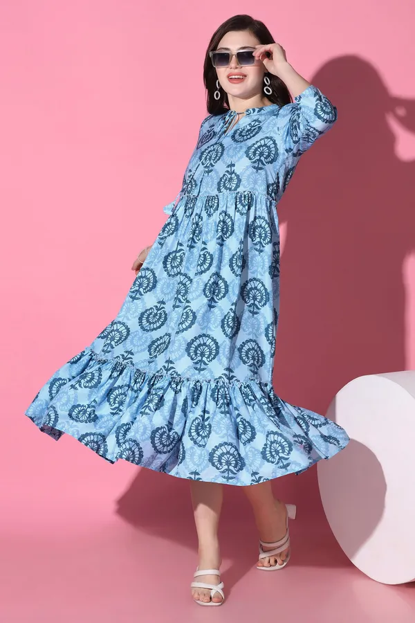 Blue_Slub_All-Over_Print_Calf_Length_Dress_For_Women