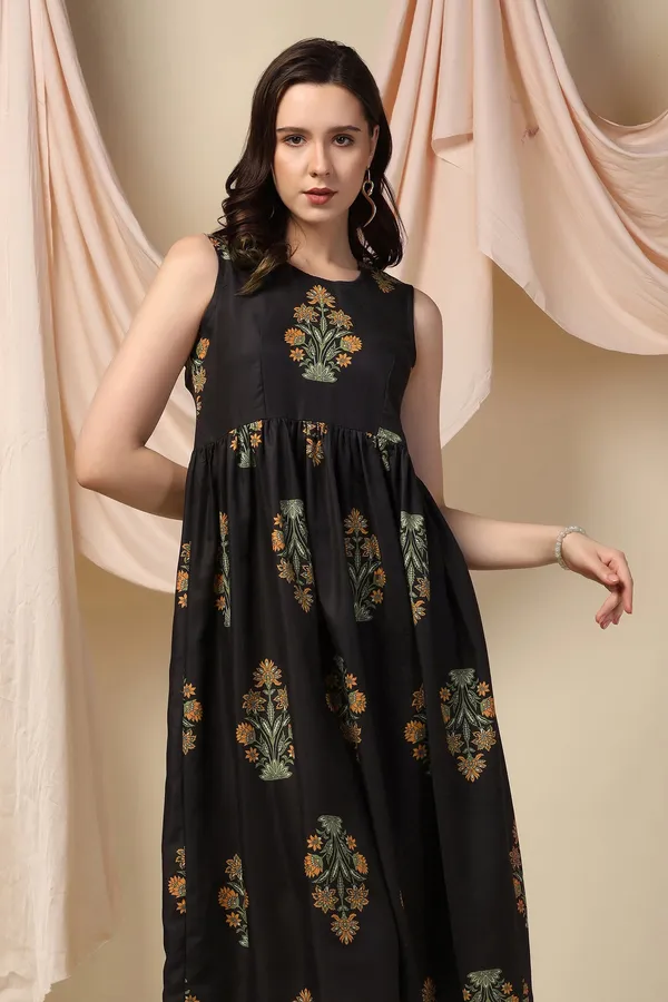 Black_Slub_Floral_Print_Knee_Length_Dress_For_Women