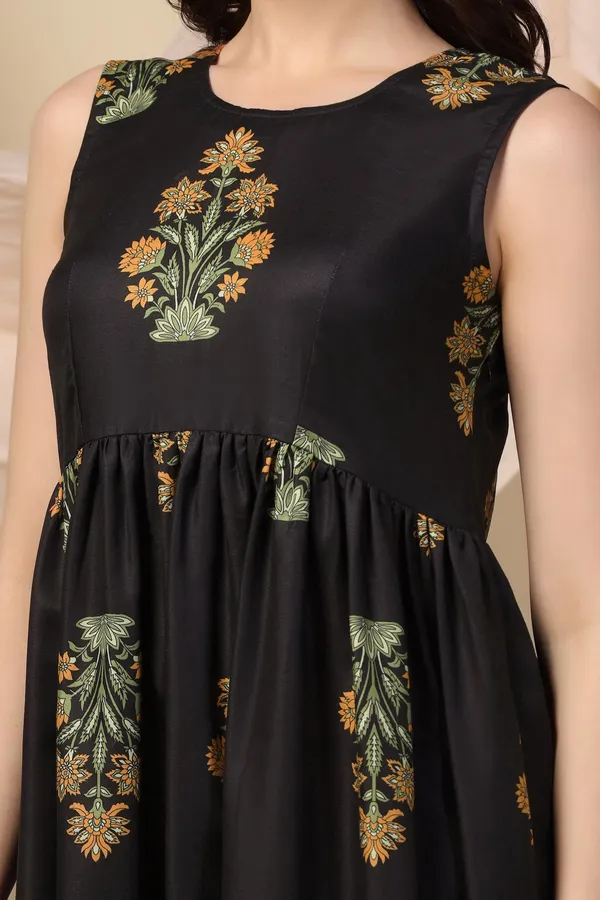 Black_Slub_Floral_Print_Knee_Length_Dress_For_Women
