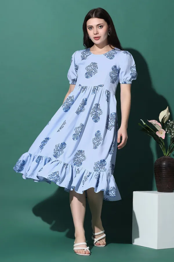 Blue_Slub_Floral_Print_Knee_Length_Dress_For_Women