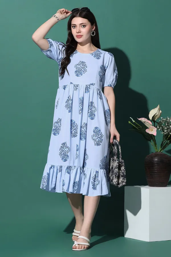 Blue_Slub_Floral_Print_Knee_Length_Dress_For_Women