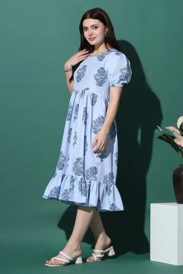 Blue_Slub_Floral_Print_Knee_Length_Dress_For_Women