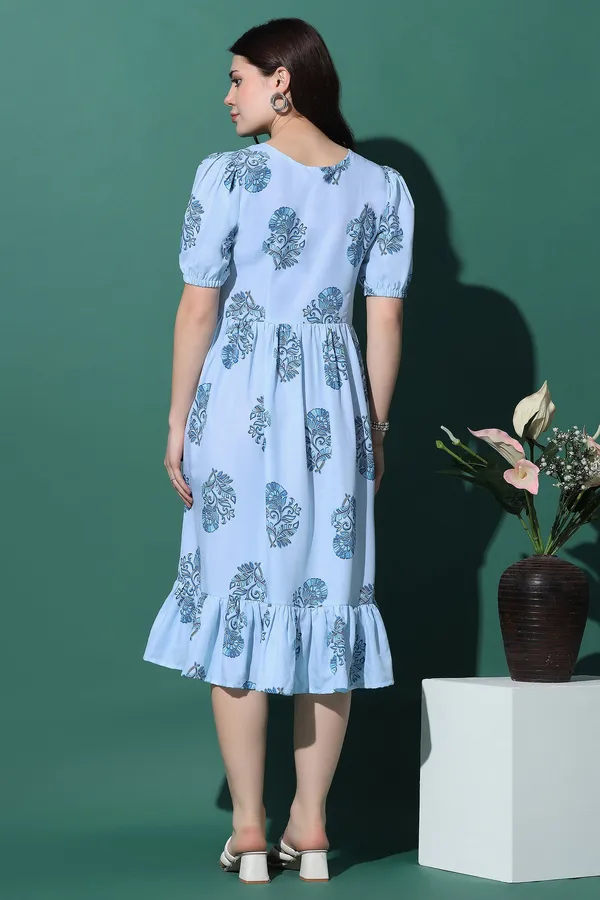 Blue_Slub_Floral_Print_Knee_Length_Dress_For_Women