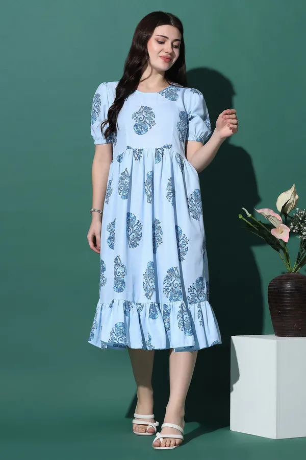 Blue_Slub_Floral_Print_Knee_Length_Dress_For_Women