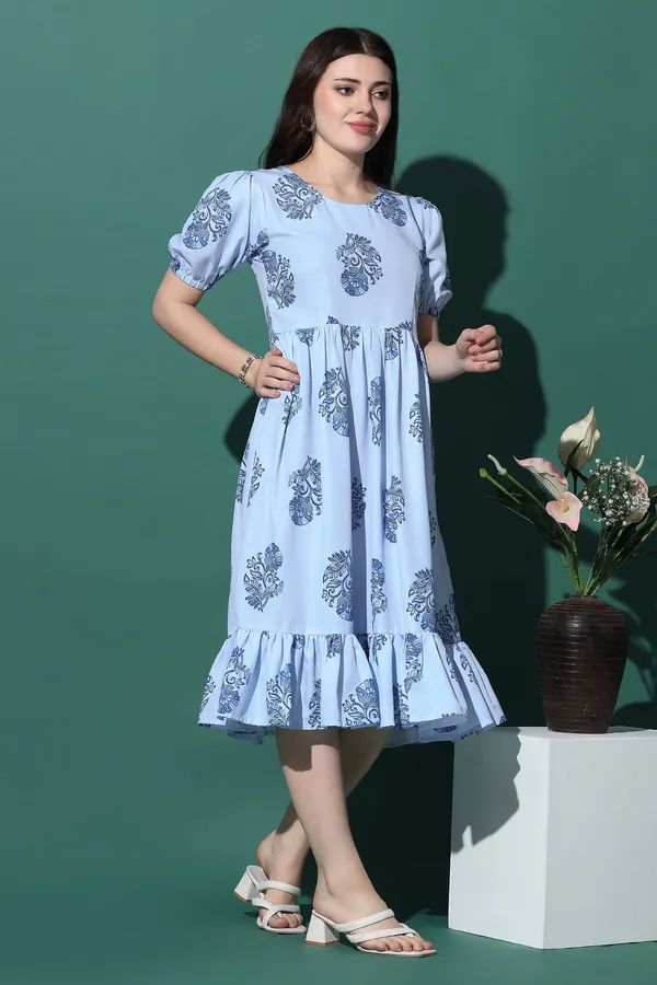 Blue_Slub_Floral_Print_Knee_Length_Dress_For_Women