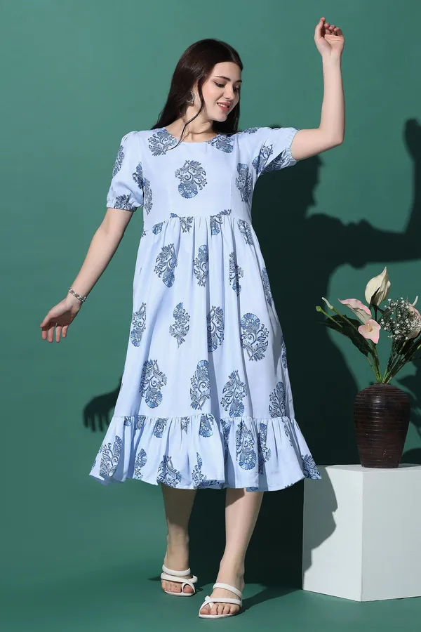 Blue_Slub_Floral_Print_Knee_Length_Dress_For_Women
