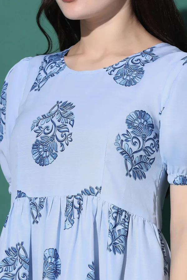 Blue_Slub_Floral_Print_Knee_Length_Dress_For_Women