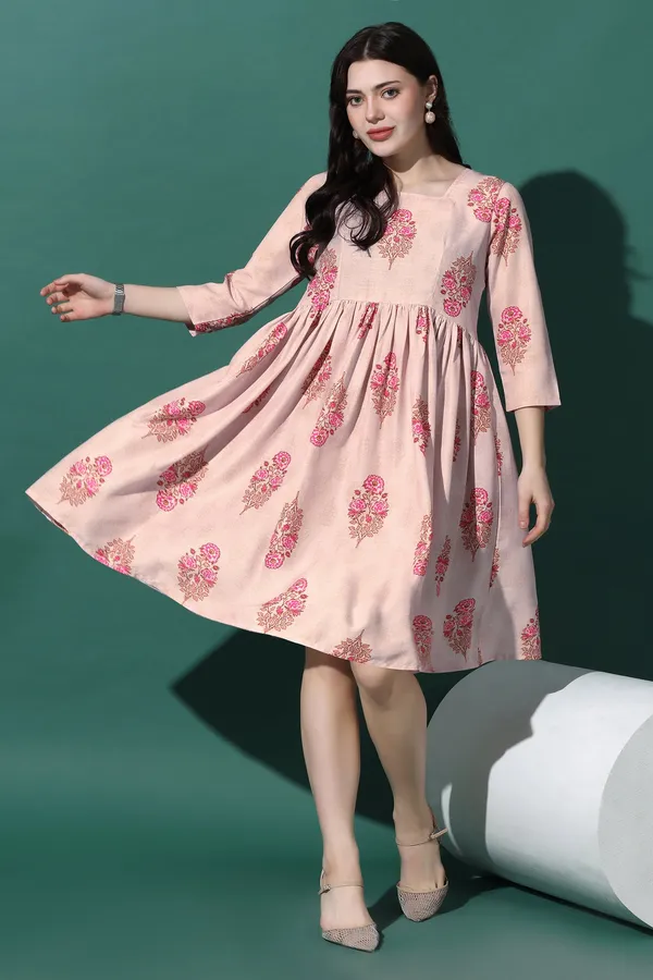 Light_Peach_Dress_with_Floral_Print_|_Premium_Fabric_and_Knee_Length_Dress_For_Women