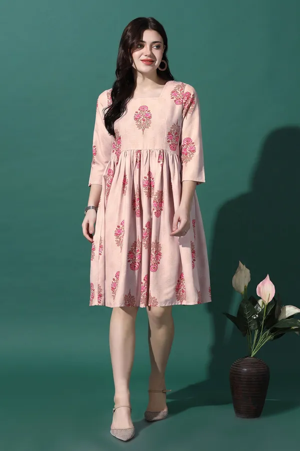 Light_Peach_Dress_with_Floral_Print_|_Premium_Fabric_and_Knee_Length_Dress_For_Women