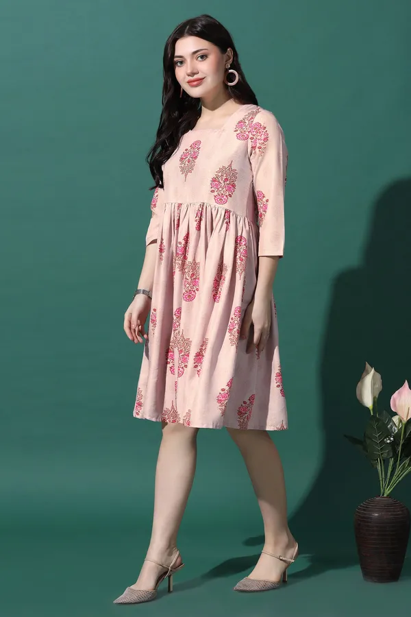 Light_Peach_Dress_with_Floral_Print_|_Premium_Fabric_and_Knee_Length_Dress_For_Women