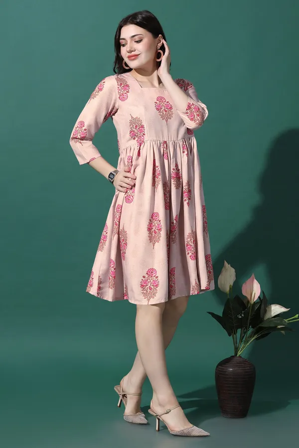 Light_Peach_Dress_with_Floral_Print_|_Premium_Fabric_and_Knee_Length_Dress_For_Women