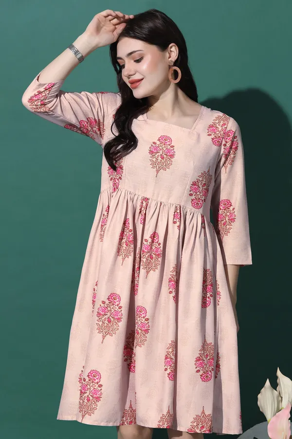 Light_Peach_Dress_with_Floral_Print_|_Premium_Fabric_and_Knee_Length_Dress_For_Women